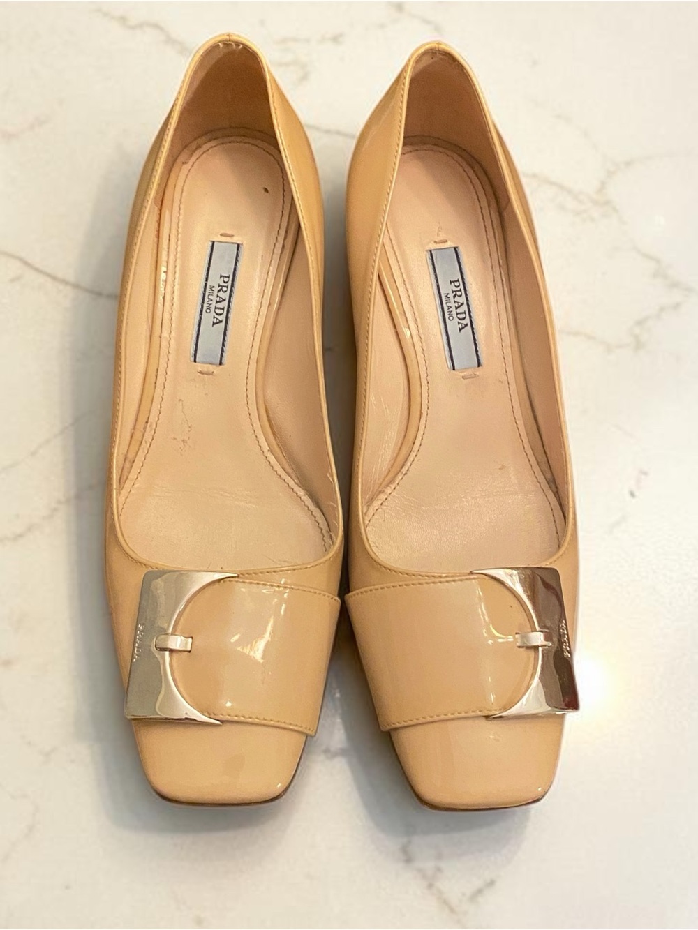 Prada Milano Patent Leather Nude Low Heel Pumps w/Buckle, Sz. 35, Fair